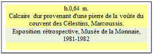 Zone de Texte: h.0,64 m. 
Calcaire dur provenant d'une pierre de la vote du couvent des Clestins, Marcoussis.
Exposition rtrospective, Muse de la Monnaie, 1981-1982

