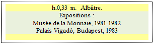 Zone de Texte: h.0,33 m.  Albtre.
Expositions : 
Muse de la Monnaie, 1981-1982 
Palais Vigad, Budapest, 1983


