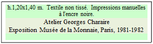 Zone de Texte: h.1,20x1,40 m.  Textile non tiss.  Impressions manuelles  l'encre noire.
Atelier Georges Charaire
Exposition Muse de la Monnaie, Paris, 1981-1982

