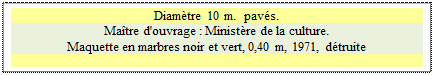 Zone de Texte: Diamtre 10 m.  pavs.
Matre d'ouvrage : Ministre de la culture.    
Maquette en marbres noir et vert, 0,40 m, 1971, dtruite 

