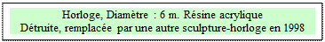 Zone de Texte: Horloge, Diamètre : 6 m. Résine acrylique
Détruite, remplacée par une autre sculpture-horloge en 1998


