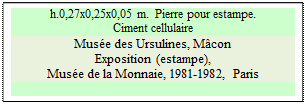 Zone de Texte: h.0,27x0,25x0,05 m.  Pierre pour estampe.
Ciment cellulaire
Muse des Ursulines, Mcon
Exposition (estampe), 
Muse de la Monnaie, 1981-1982, Paris

