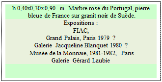 Zone de Texte: h.0,40x0,30x0,90 m. Marbre rose du Portugal, pierre
 bleue de France sur granit noir de Sude. 
Expositions :
FIAC, 
Grand Palais, Paris 1979 ?   
Galerie Jacqueline Blanquet 1980 ?  
 Muse de la Monnaie, 1981-1982, Paris  
Galerie Grard Laubie 

