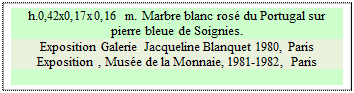 Zone de Texte: h.0,42x0,17x0,16 m. Marbre blanc rosé du Portugal sur pierre bleue de Soignies.  
Exposition Galerie Jacqueline Blanquet 1980, Paris  
Exposition , Musée de la Monnaie, 1981-1982, Paris  

