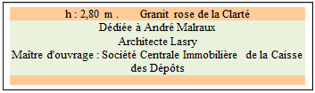 Zone de Texte: h : 2,80 m .       Granit rose de la Clart
Ddie  Andr Malraux
Architecte Lasry 
Matre d'ouvrage : Socit Centrale Immobilire de la Caisse des Dpts

