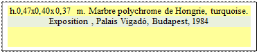 Zone de Texte: h.0,47x0,40x0,37 m. Marbre polychrome de Hongrie, turquoise.
Exposition , Palais Vigad, Budapest, 1984
 
