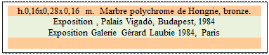 Zone de Texte: h.0,16x0,28x0,16 m.  Marbre polychrome de Hongrie, bronze. 
Exposition , Palais Vigad, Budapest, 1984
Exposition Galerie Grard Laubie 1984, Paris

