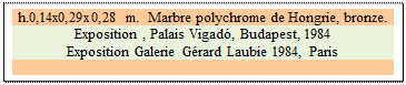 Zone de Texte: h.0,14x0,29x0,28 m.  Marbre polychrome de Hongrie, bronze. 
Exposition , Palais Vigad, Budapest, 1984
Exposition Galerie Grard Laubie 1984, Paris

