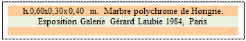 Zone de Texte: h.0,60x0,30x0,40 m.  Marbre polychrome de Hongrie.
Exposition Galerie Grard Laubie 1984, Paris


