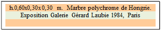 Zone de Texte: h.0,60x0,30x0,30 m.  Marbre polychrome de Hongrie.
Exposition Galerie Gérard Laubie 1984, Paris

