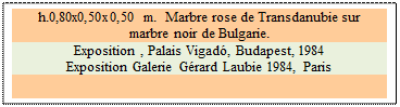 Zone de Texte: h.0,80x0,50x0,50 m.  Marbre rose de Transdanubie sur 
marbre noir de Bulgarie. 
Exposition , Palais Vigad, Budapest, 1984
Exposition Galerie Grard Laubie 1984, Paris

