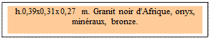 Zone de Texte: h.0,39x0,31x0,27 m. Granit noir d'Afrique, onyx, 
minraux, bronze. 
