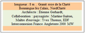 Zone de Texte: longueur : 8 m .  Granit rose de la Clart
Bonningue ls Calais, NordClart
Architecte : tienne Gerhardt, 
Collaboration : paysagiste : Martine Guiton, 
Matre d'ouvrage : Yves Thomas, EDF
 Interconnexion France Angleterre 2000 MW 

