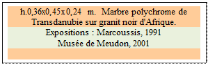 Zone de Texte: h.0,36x0,45x0,24 m.  Marbre polychrome de Transdanubie sur granit noir d'Afrique. 
Expositions : Marcoussis, 1991 
Muse de Meudon, 2001

