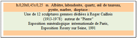 Zone de Texte: h.0,20x0,45x0,25 m. Albtre, labradorite, quartz, il de taureau,
 pyrite, marbre, dioptase : 
Une de 12 sculptures gemmes ddies  Roger Caillois 
(1913-1978) auteur de "Pierre" 
Exposition minralogique internationale de Paris, 
Exposition Rosny sur Seine, 1991

