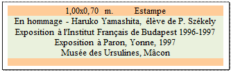 Zone de Texte: 1,00x0,70 m. 	 Estampe
En hommage - Haruko Yamashita, lve de P. Szkely
Exposition  l'Institut Franais de Budapest 1996-1997  Exposition  Paron, Yonne, 1997
Muse des Ursulines, Mcon

