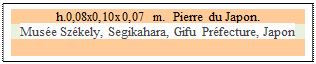 Zone de Texte: h.0,08x0,10x0,07 m.  Pierre du Japon. 
Musée Székely, Segikahara, Gifu Préfecture, Japon 


