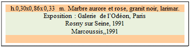 Zone de Texte: h.0,30x0,86x0,33 m. Marbre aurore et rose, granit noir, larimar. 
Exposition : Galerie de lOdon, Paris
Rosny sur Seine, 1991
Marcoussis,,1991

