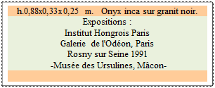 Zone de Texte: h.0,88x0,33x0,25 m.   Onyx inca sur granit noir. 
Expositions : 
Institut Hongrois Paris 
Galerie de l'Odon, Paris 
Rosny sur Seine 1991 
 -Muse des Ursulines, Mcon-

