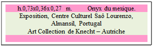 Zone de Texte: h.0,73x0,36x0,27 m.         Onyx du mexique. 
Exposition, Centre Culturel Sa Lourenzo, Almansil, Portugal
Art Collection de Knecht  Autriche

