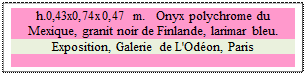 Zone de Texte: h.0,43x0,74x0,47 m.   Onyx polychrome du Mexique, granit noir de Finlande, larimar bleu. 
Exposition, Galerie de L'Odon, Paris

