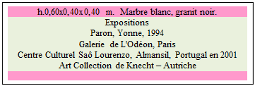 Zone de Texte: h.0,60x0,40x0,40 m.  Marbre blanc, granit noir. 
Expositions 
Paron, Yonne, 1994
Galerie de L'Odon, Paris
Centre Culturel Sa Lourenzo, Almansil, Portugal en 2001
Art Collection de Knecht  Autriche

