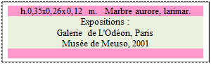 Zone de Texte: h.0,35x0,26x0,12 m.   Marbre aurore, larimar. 
Expositions :
Galerie de L'Odon, Paris
Muse de Meuso, 2001

