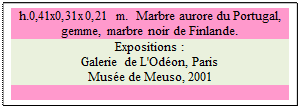 Zone de Texte: h.0,41x0,31x0,21 m.  Marbre aurore du Portugal, gemme, marbre noir de Finlande. 
Expositions :
Galerie de L'Odon, Paris
Muse de Meuso, 2001

