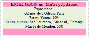 Zone de Texte: h.0,21x0,45x0,40 m.   Marbre polychrome. 
Expositions :
Galerie de L'Odon, Paris
Paron, Yonne, 1994
Centre culturel Sa Lourenzo, Almansil,, Portugal
Muse de Meudon, 2001

