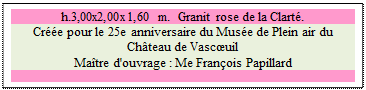 Zone de Texte: h.3,00x2,00x1,60 m.  Granit rose de la Clart. 
Cre pour le 25e anniversaire du Muse de Plein air du Chteau de Vascuil
Matre d'ouvrage : Me Franois Papillard 

