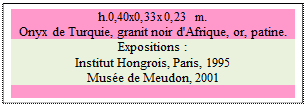 Zone de Texte: h.0,40x0,33x0,23 m.   
Onyx de Turquie, granit noir d'Afrique, or, patine. 
Expositions :
Institut Hongrois, Paris, 1995 
Muse de Meudon, 2001

